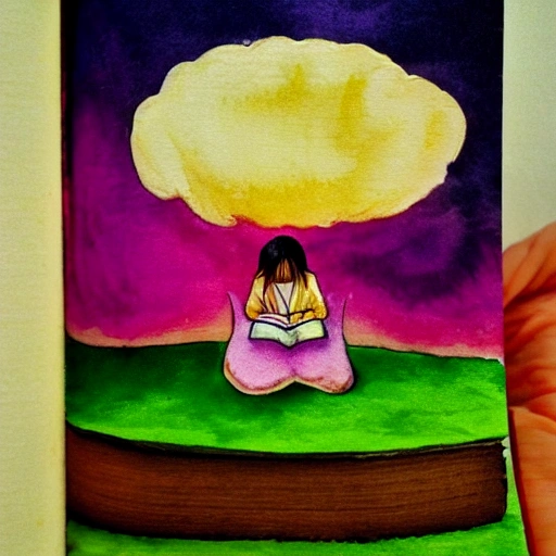 In the colorful clouds, there is a Tongtian pea growing, the largest leaf of the pea has a crystal hut, there is an angel in the hut, and an angel reading a book on the clouds outside, Water Color, 3D, 3D, Water Color, Oil Painting, Trippy, Cartoon, Pencil Sketch