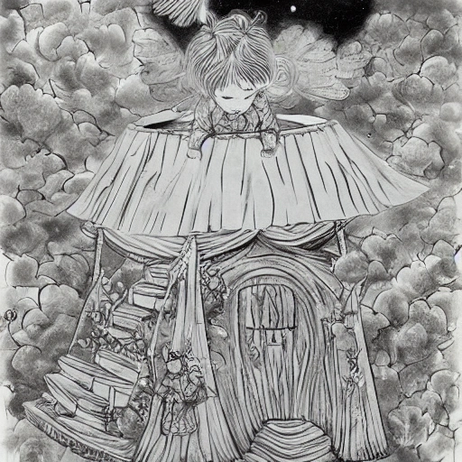 There is a crystal-like hut on the bowl of beans like a through tree, and an angel lives in the hut while another angel reads a book in the colorful clouds，highly detailed, sumi - e art, suiboku - ga ink, by kim jisu, pen and ink monochrome, mecha, deviantart, artstation, pinterest