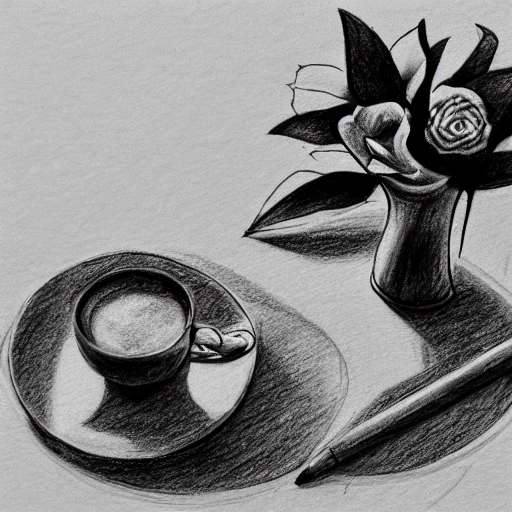 Pencil Sketch, Pencil Sketch, 3D, cup of coffee, flowers in a vase, table, white tablecloth, breakfast, 3D