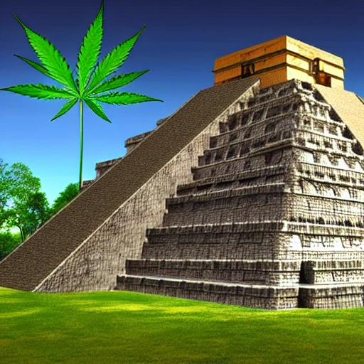 mayan pyramids surrounded by cannabis plants, 3D