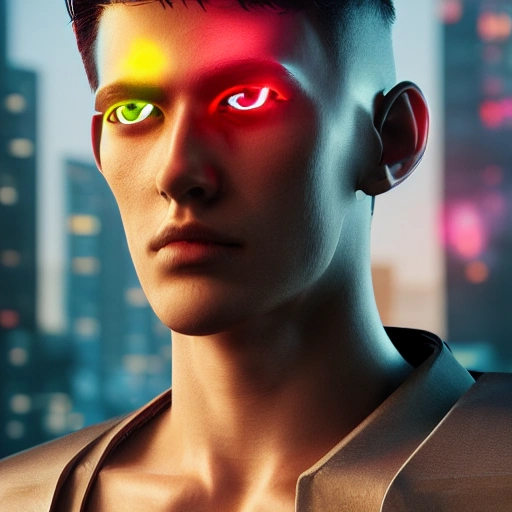 side close up portrait of 1 cyberpunk boy, detailed face, spotlight, cyberpunk city, wired, multicolored, vibrant high contrast, hyperrealistic, photografic, 8k, epic ambient light, octane render