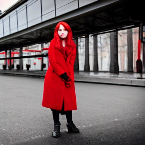 red head woman dressed in red waiting for train