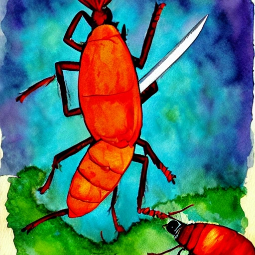 paint me, a hand stabbing a red cockroach with a sword, Water Color