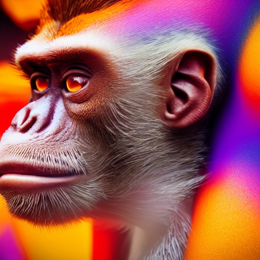 side close up portrait of 1 monkey, detailed face, wired, multi colored, vibrant high contrast, hyper realistic, photographic, 8k, epic ambient light, octane render