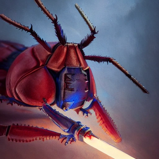 a realistic portrait of a red cockroach impaled by cyberpunk wielded blue sword by greg rutkowski and wlop, high key lighting, digital art, highly detailed, fine details, intricate, complex