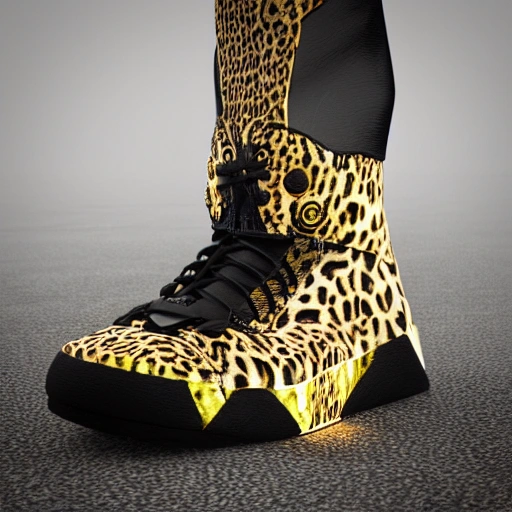 Sneaker boots, futuristic Sci-fi, organic design, neon, black and gold color, leopard animal print, abstract, eccentric, glitch art, 3d, virtual reality, holographic, unreal engine