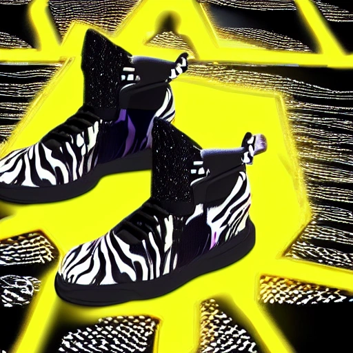 Sneaker boots, futuristic Sci-fi, organic design, neon, black and gold color, zebra animal print, abstract, eccentric, glitch art, 3d, virtual reality, holographic, unreal engine