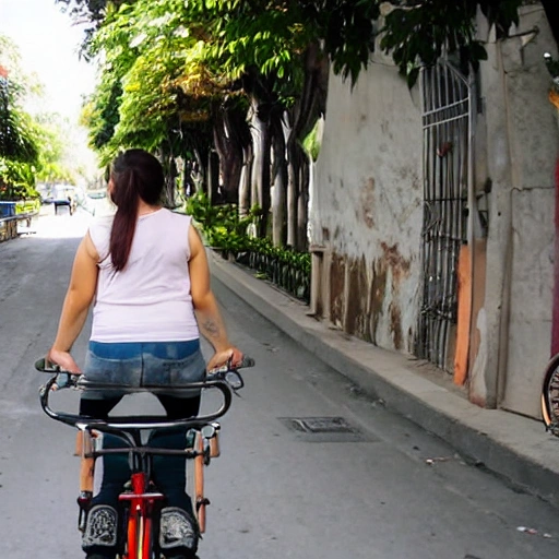 mujer ucraniana, bella, andando en bicicleta, fondo de ciudad