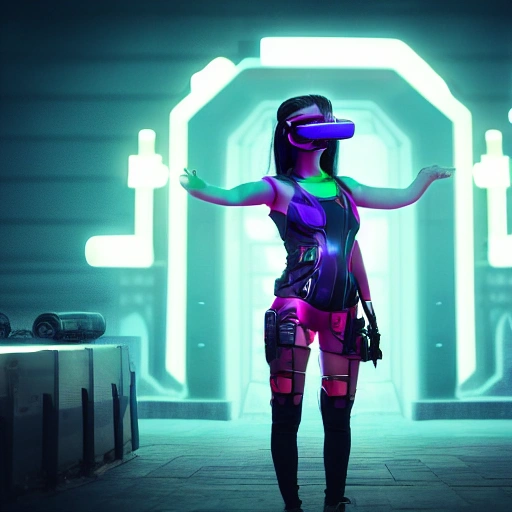  cyberpunk girl in the futuristic town, VR Headset,  spotlight, cyberpunk city, wired, multicolored, vibrant high contrast, hyperrealistic, photografic, ar 16:9, epic ambient light, octane render