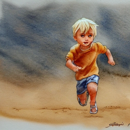 a little boy, with blond hair and brown skin running in the savannah in Africa, sand, desert, watercolor by arti chauhan trending on artstation