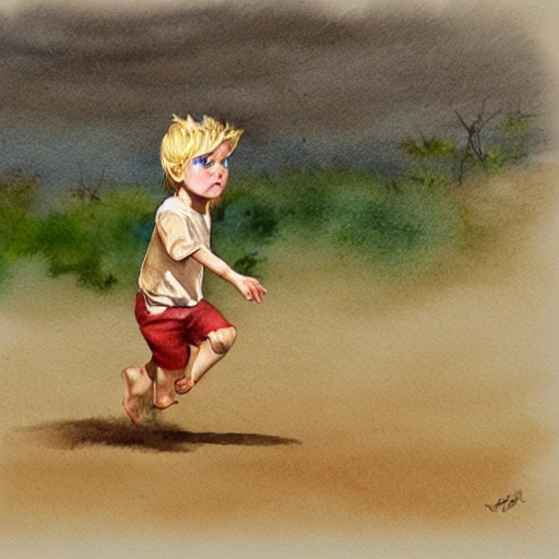 a little boy, with blond hair and brown skin running in the savannah in Africa, sand, desert, watercolor, trending on artstation