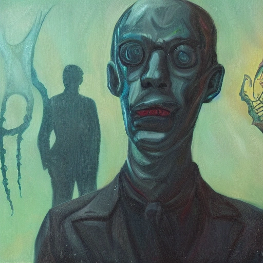 Screenwriter writing on his laptop, surrounded by a lovecraft creature that whispers in his ear., Oil Painting