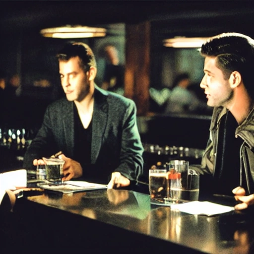 Two screenwriter brothers with their Apple laptops, ordering a cocktail at a bar, on New Year's Eve, in a dystopian bladerunner future