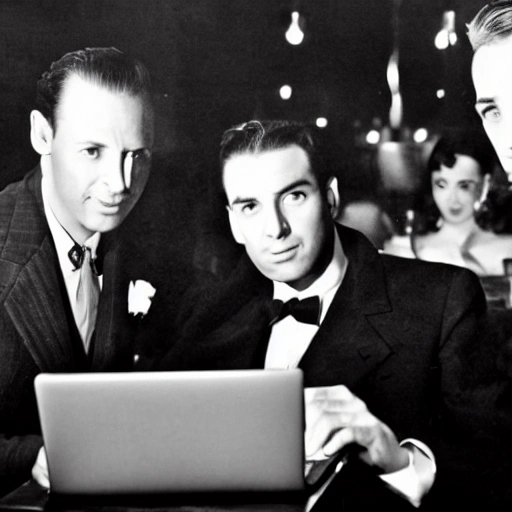 Two screenwriter brothers with their laptops, ordering a cocktail at the Casablanca bar, on New Year's Eve, with Sam, the pianist from the film, in the background