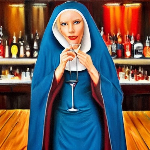 blue-eyed blonde woman, dressed as a nun, in a long flowing red cassock, ordering a cocktail in a bar, on new year's eve, in a bladerunner dystopian future, Oil Painting