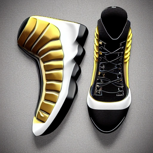 Sneaker boots, futuristic Sci-fi, organic design, neon, black and gold color, unreal engine, 3D