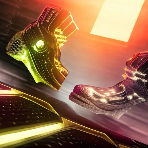 Sneaker boots, futuristic Sci-fi, organic design, neon, black and gold color, unreal engine, 3D, , Trippy