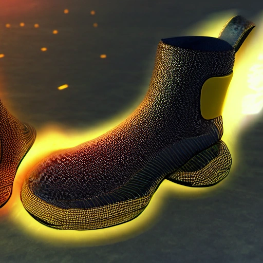 Sneaker boots, futuristic Sci-fi, organic design, neon, black and gold color, unreal engine, 3D