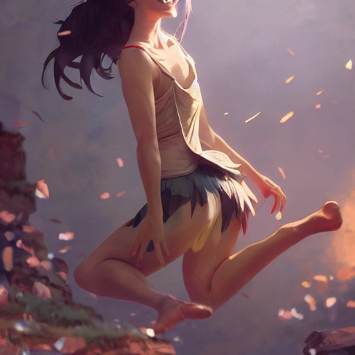 a beautiful smiling girl in a tank ballet costume. She is jumping on a jumping in a room with people in the background. painted by greg rutkowski, makoto shinkai, takashi takeuchi, studio ghibli, akihiko yoshida detailed face, Hyperdetailed, 8k