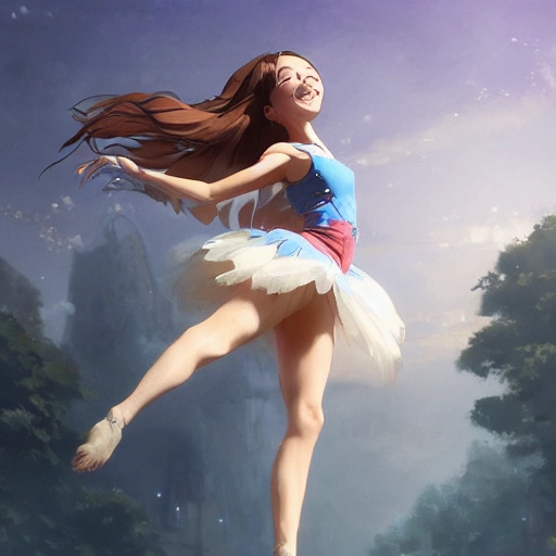 professional photo a beautiful smiling girl in a tank ballet costume. She is  jumping in a room with people in the background. painted by greg rutkowski, makoto shinkai, takashi takeuchi, studio ghibli, akihiko yoshida detailed face, Hyperdetailed, 8k