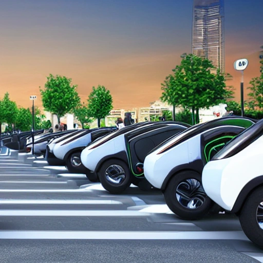 charging many electric vehicles in city, 3D, zoom out