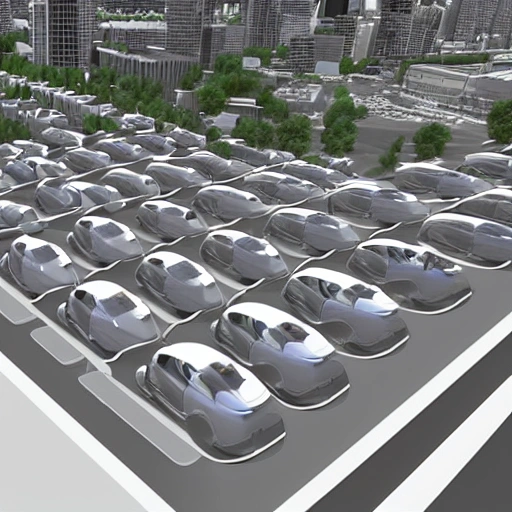 charging many Tesla in city, 3D, zoom out