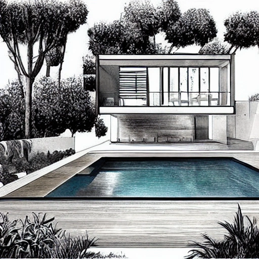 QUIERO DIBUJAR LA CASA DE MIS SUEÑOS QUE TENGA DOS PISOS ALTA CON JARDIN PISCINA CANCHA DE BASKETBALL AREA DE BARBACOA GYMNASIO CON TRES HABITACIONES Y MUCHA NATURALEZA ALREDEDOR, Pencil Sketch