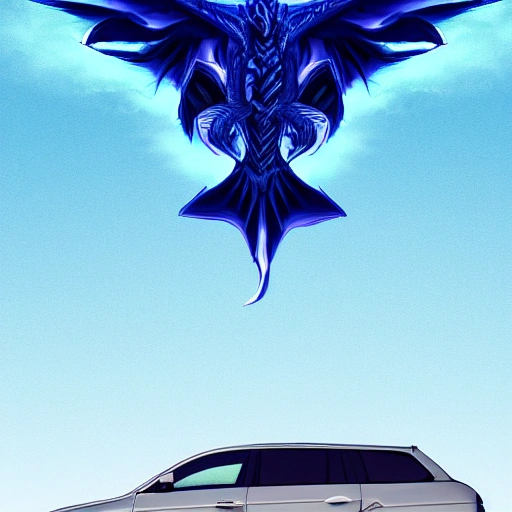 Blue dragon flying above a car from the future