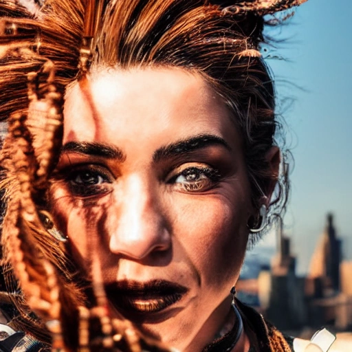 detailed, close up portrait of Williams Zapata standing in a steampunk city with the wind blowing in her hair, cinematic warm color palette, spotlight, perfect symmetrical face