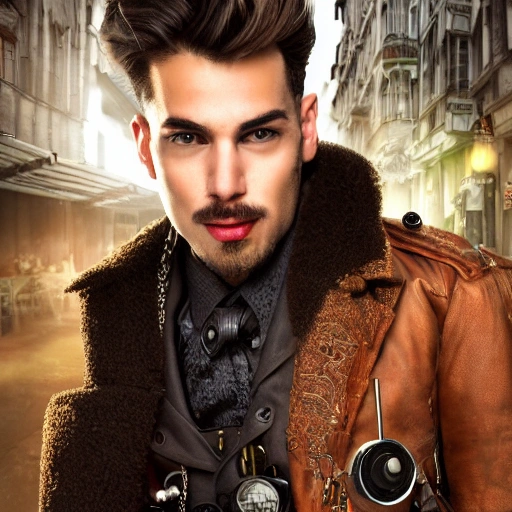 detailed, close up portrait of men standing in a steampunk city with the wind blowing in her hair, cinematic warm color palette, spotlight, perfect symmetrical face
