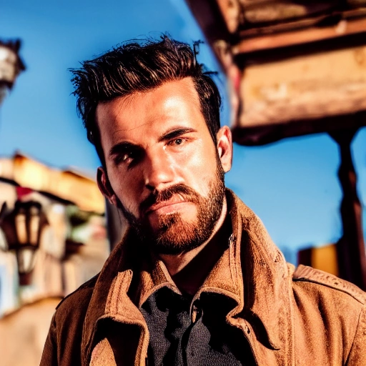 detailed, close up portrait of men standing in a steampunk santa cruz de la sierra city with the wind blowing in her hair, cinematic warm color palette, spotlight, perfect symmetrical face
