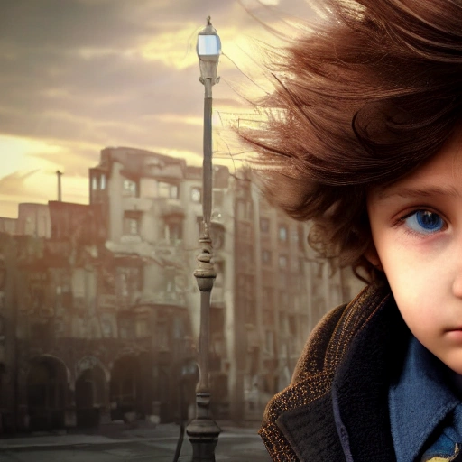 detailed, close up portrait of boy standing in a steampunk city with the wind blowing in her hair, cinematic warm color palette, spotlight, perfect symmetrical face.