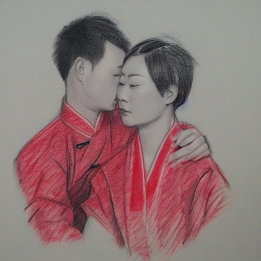 Couple chinese at red background valentin, Pencil Sketch