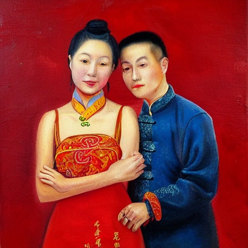 Couple chinese at red background, Oil Painting