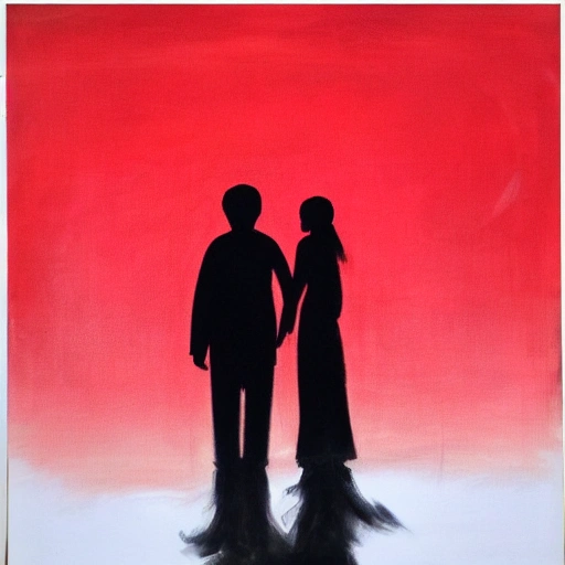 chinese couple silhouette in red background, Oil Painting