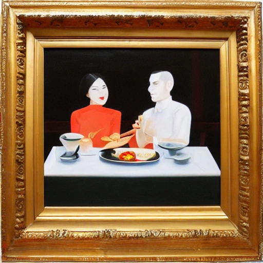 couple eating dim sum silhouette valentin, Oil Painting