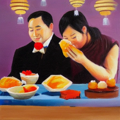 couple eating dim sum silhouette, Oil Painting