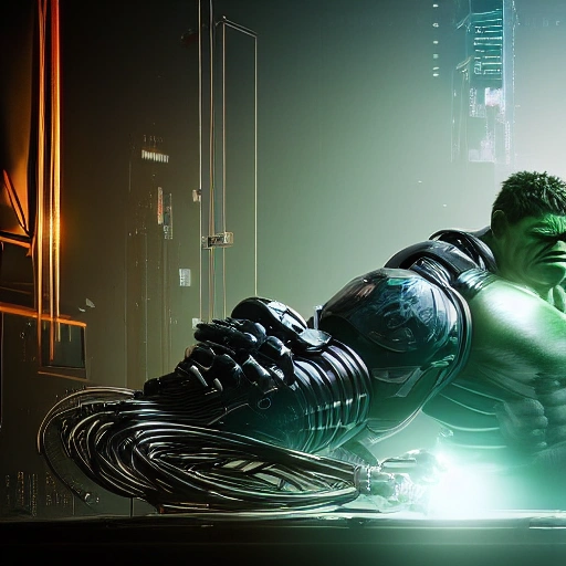 Hulk, cyborg, robotic parts, beautiful soft studio light, edge lighting, vibrant details, luxurious cyberpunk, lace, hyper realistic, electrical wires, microchip, elegant, beautiful background , octane rendered, 8k
