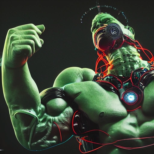 Hulk, cyborg, robotic parts, beautiful soft studio light, edge lighting, vibrant details, luxurious cyberpunk, lace, hyper realistic, electrical wires, microchip, elegant, beautiful background , octane rendered, 8k
