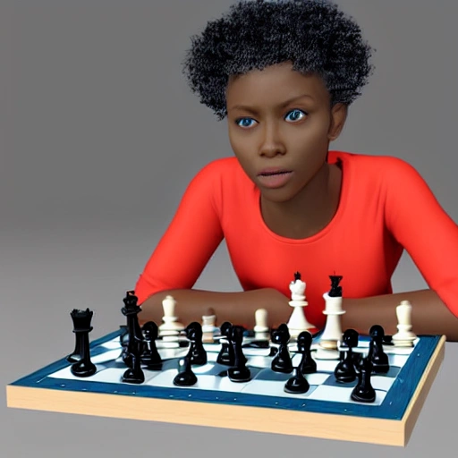 A black girl with blue eyes holding a chess board, 3D