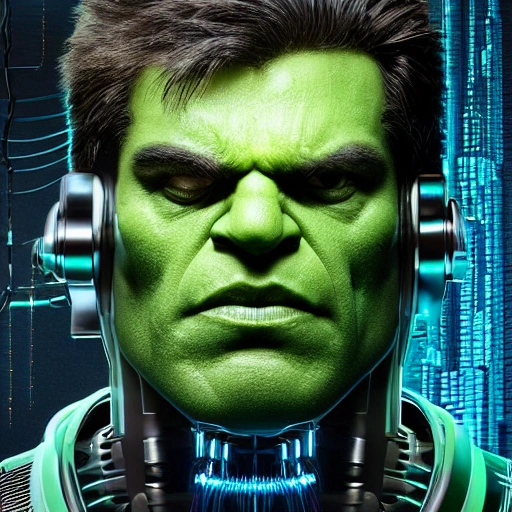 Hulk, ultra detailed, cyborg, robotic parts, beautiful soft studio light, edge lighting, vibrant details, luxurious cyberpunk, lace, hyper realistic, electrical wires, microchip in the head, beautiful background , style terminator, 4k
