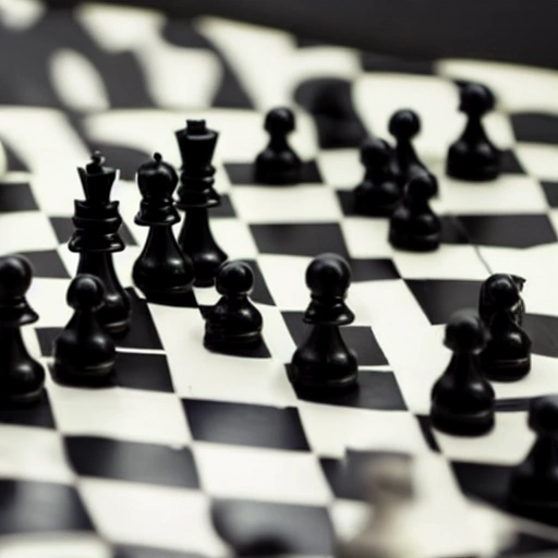 a handful of chess pieces falling on a black and white floor