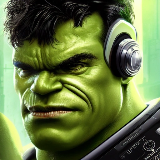 Hulk, medium long shot, ultra detailed, cyborg, robotic parts, beautiful soft studio light, edge lighting, vibrant details, luxurious cyberpunk, lace, hyper realistic, electrical wires, beautiful background , style terminator, 4k
