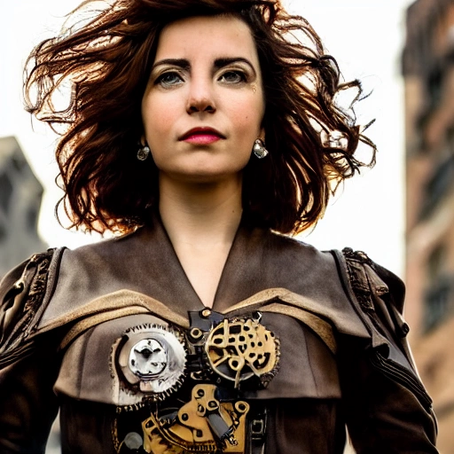 detailed, close up portrait of santiago standing in a steampunk city with the wind blowing in her hair, cinematic warm color palette, spotlight, perfect symmetrical face.