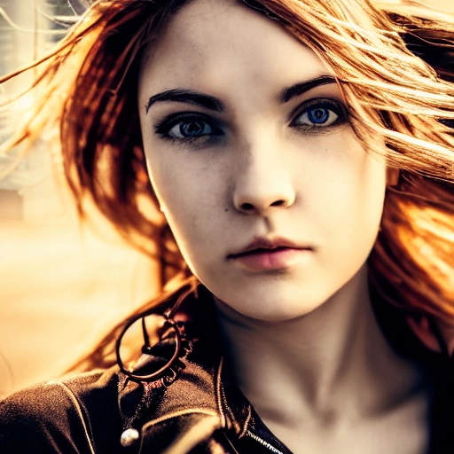 detailed, close up portrait of girl standing in a steampunk city with the wind blowing in her hair, cinematic warm color palette, spotlight, perfect symmetrical face.