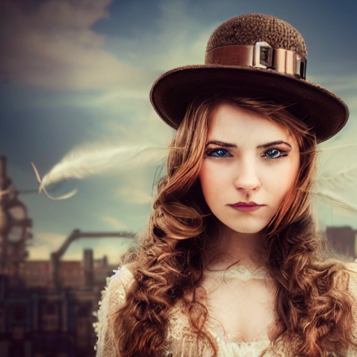 detailed, close up portrait of girl standing in a steampunk city with the wind blowing in her hair, cinematic warm color palette, spotlight, perfect symmetrical face.