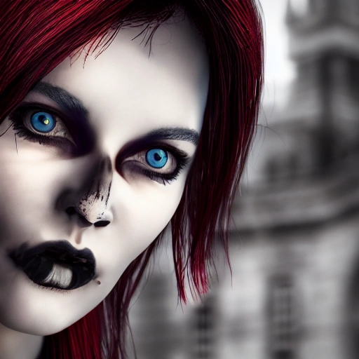 side close up portrait of 1 gothic girl, detailed face, spotlight, gothic city, wired, vibrant high contrast, hyper realistic, photographic, 8k, epic ambient light, octane render, 3D