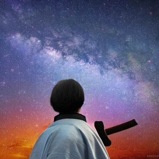 un samurai de espaldascon un fondo de estrellas y un planeta gigante