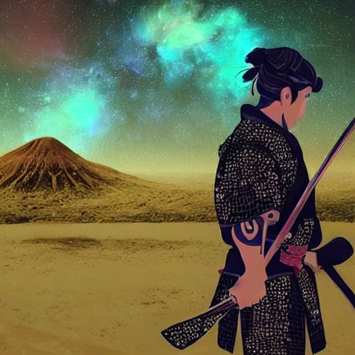 un samurai de espaldascon un fondo de estrellas y un planeta gigante, Trippy