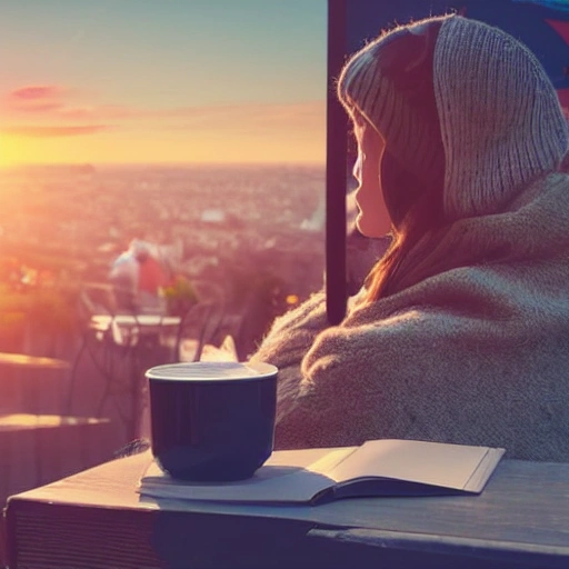 girl reading, terrace, sunset, coffee cup, dressed in black, vintage decoration